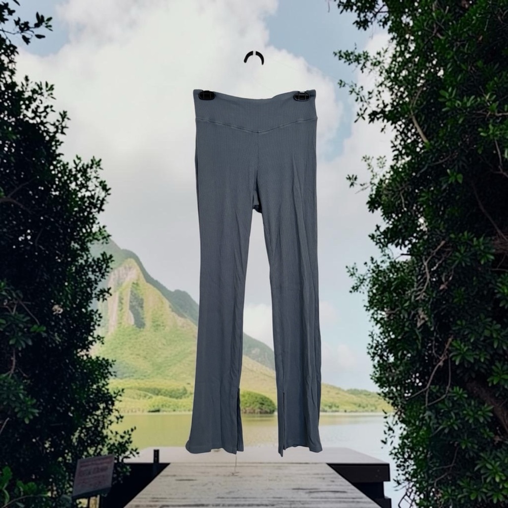 Steel Blue Ribbed Flare Lounge Pants | Soft Stretch Comfy Bell Bottoms